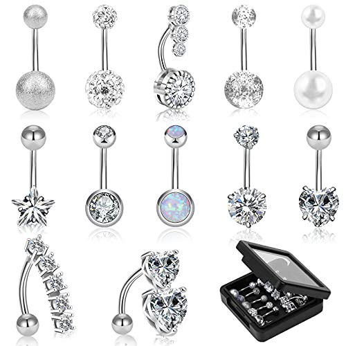 WINSENET 12PCS 14G Belly Button Rings Belly Piercing Jewelry Stainless Steel Cute Belly Rings for Women Navel Rings Piercing Jewelry with Gift Box