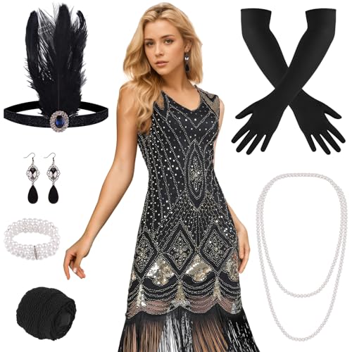 PLULON 1920s Flapper Dress Roaring 20s Gatsby Dress Costume with 20s Accessories