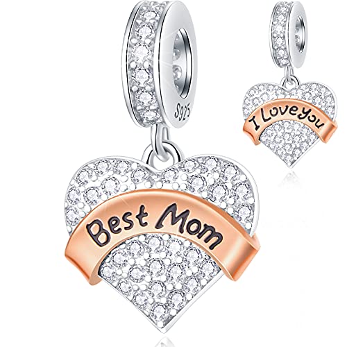 Best Mom Charms Dangle, I Love You Charms Pave CZ Heart Mommy Pendant Beads in 925 Sterling Silver, fits Pandora My First Mothers Day Bracelet, Gifts for Stepmom/Army Navy Mom