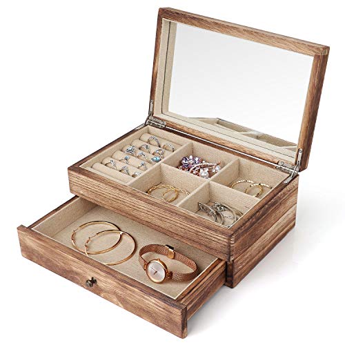 Meangood Jewelry Box Organizer for Women, 2 Layer Large Jewelry Storage Case, Rustic Wooden Jewelry Box with Mirror & Ring Tray for Necklace Earring Bracelets Rings, Vintage Style (Torched Wood)