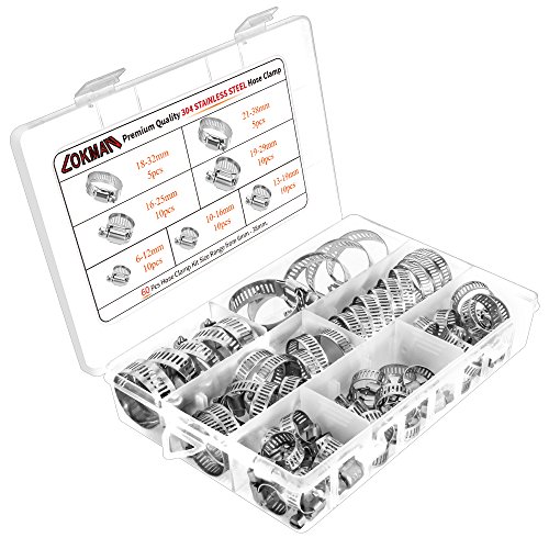 LOKMAN Stainless Steel Hose Clamp Assortment Kit- 60 Pieces, Adjustable 1/4''- 1-1/2'' (6-38mm) Worm Gear Metal Fuel Line Clamp for Plumbing, Automotive And Mechanical Applications