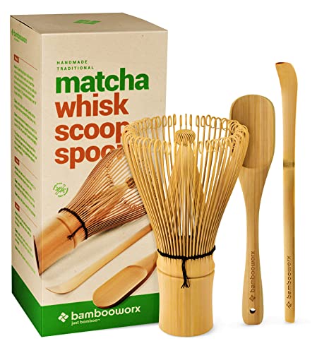 BambooWorx Matcha Whisk Set - Matcha Whisk (Chasen), Traditional Scoop (Chashaku), Tea Spoon. The Perfect Set to Prepare a Cup of Japanese Matcha Tea, Handmade from 100% Natural Bamboo