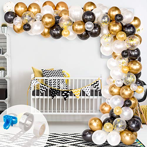 Whaline Black and Gold Balloons Garland Arch Kit 120Pcs Graduation Party Balloons Black White Metallic Gold Confetti Latex Balloons for Graduation Wedding Birthday and New Year Party