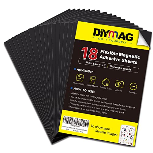 DIYMAG Adhesive Magnetic Sheets, |4' x 6'| 18 Packs, Flexible Magnet Sheets with Adhesive for Crafts, Photos and Die Storage, Easy Peel and Stick, Easy to Cut into Any Shape/Size (4' x 6'-18P)
