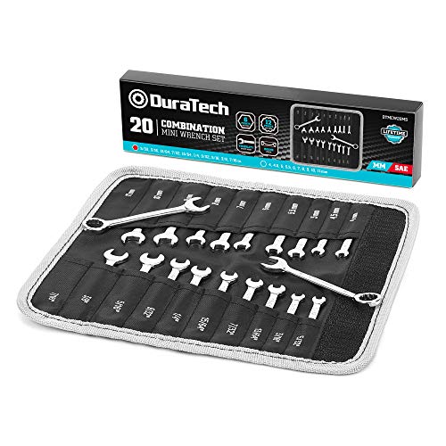 DURATECH Mini Wrench Set, Midget Combination Wrench Set, 20-Piece, Metric & SAE, 4-11mm & 5/32' - 7/16', Lightweight, with Rolling Pouch