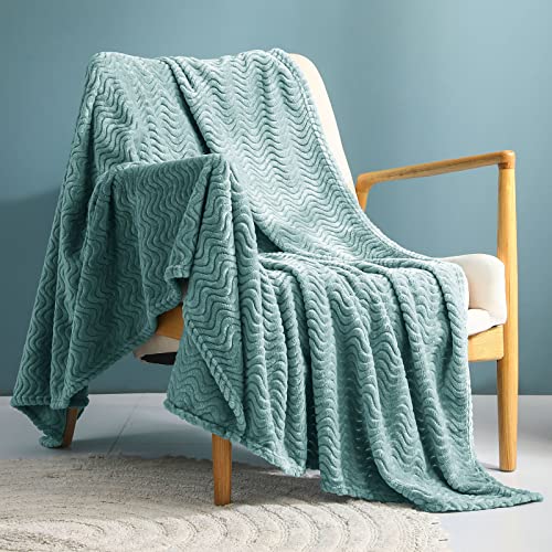 Exclusivo Mezcla Large Flannel Fleece Throw Blanket, 50x70 Inches Soft Wave Pattern Throw Blanket for Couch, Cozy, Warm, Lightweight and Decorative Blanket All Season Use, Celadon Blanket