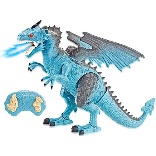 Liberty Imports Remote Control RC Dragon Toy LED Light Up Walking Dragon Roaring and Spraying Smoke, Shaking Head, Light Up Eyes and Sounds (Ice Dragon (with Smoke))