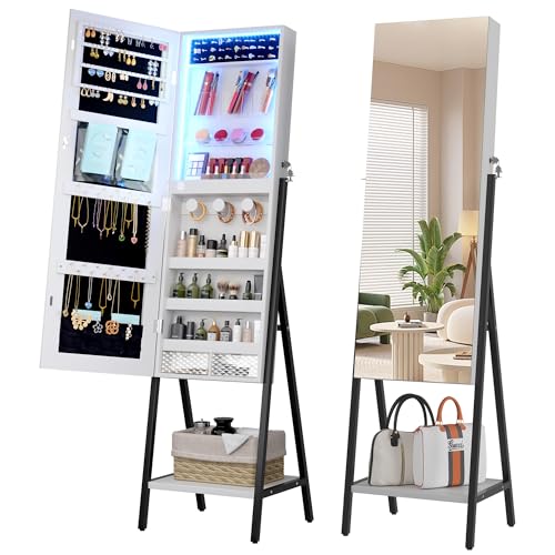 LVSOMT 3 LEDs Mirror Jewelry Cabinet, 42.5' Jewelry Mirror with Full Lenght Mirror, Standing Jewelry Mirror Armoire, Mirror with Storage for Jewelry Cosmetics, White