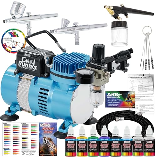 Master Airbrush Cool Runner II Dual Fan Air Compressor Professional Airbrushing System Kit with 3 Airbrushes, Gravity and Siphon Feed - 6 Primary Opaque Colors Acrylic Paint Artist Set - How to Guide