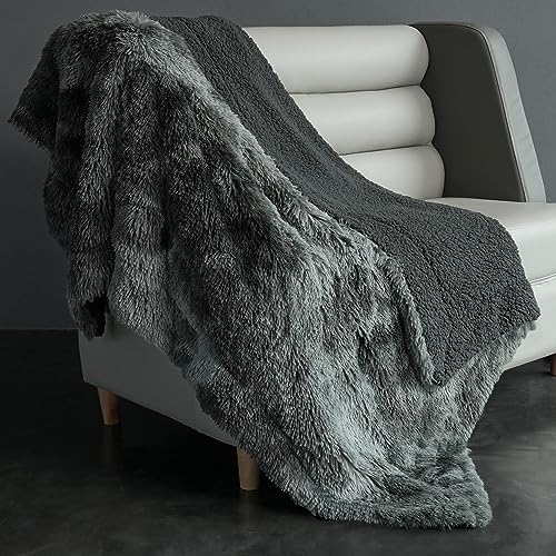 MAXICOZY Fuzzy Faux Fur Blanket, Soft Fluffy Sherpa Throw Blanket for Couch, Cozy Plush Fleece Throw Blankets, Reversible Warm Thick Winter Blankets, Grey Throw Blanket