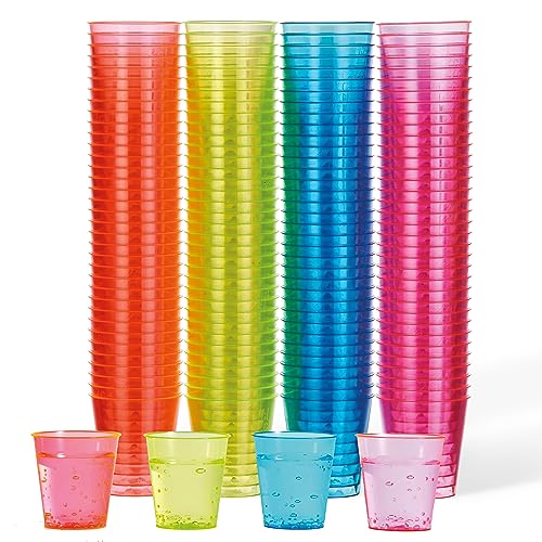 MATANA 150 Neon Plastic Shot Glasses (1oz), Party Shot Cups for Wine Tasting, Condiments, Sauce, Jello Shots & More - Sturdy & Reusable