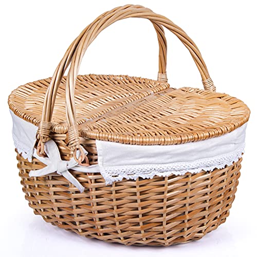 Wicker Picnic Basket with Lid and Handle Sturdy Woven Body with Washable Lining for Easter,Mother's Day,Outdoor Camping