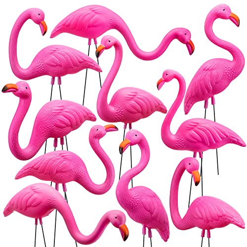 JOYIN 10 Pack Small Yard Flamingos Ornament Stakes, Mini Pink Flamingo Yard Decorations, Mini Lawn Plastic Flamingo Statue with Rubber Coating Metal Legs for Outdoor, Garden, Luau Party Gift (3-10IN)