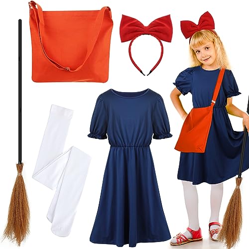 Xtinmee Girls Witch Costume Anime Cosplay Dress with Tights Wizard Flying Broom Bag Bow Headdress for Kids Halloween Cosplay (Medium)