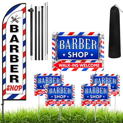 SmoothNovelty 5 Pcs Barber Shop Sign 1 Pcs 7 ft Barber Flag with Pole Kit Double Sided Print Barber Yard Sign with Metal Stakes Feather Windless Barbershop Flags for Outdoor Business Advertising