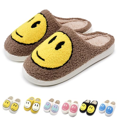 Cute Smile Face Slippers, Fuupnn Retro Soft Plush Furry Fluffy Indoor Outdoor Shoes Comfy Warm Fleece Lined Fuzzy Slip-on Cloud sliders with Memory Foam Happy Face Slippers Couples Cute Cartoon Non