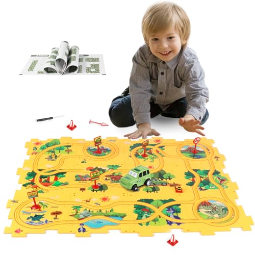 Plastic Dinosaur Puzzles for Kids with A Cute Car, Montessori Toys for 2 3 4 5 6 Year Old Boys, Race Tracks for Kids 3-5, Toddler Puzzle Track Play Set, Gifts for 2 3 4 5 6 Year Old Boys Toys