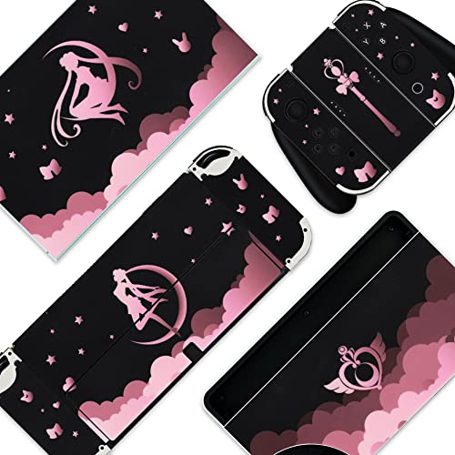 BelugaDesign Moon Switch Skin | Cute Pastel Sticker Wrap Vinyl Decal | Magic Girls Bow Anime Kawaii Japanese Cartoon l Compatible with Nintendo Switch OLED (Switch OLED, Black)