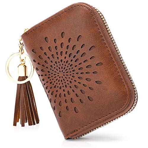APHISON RFID Credit Card Holder Zipper Card Case Small Wallets for Women Leather Sunflower style Ladies Girls/Gift Box 1927 COFFEE