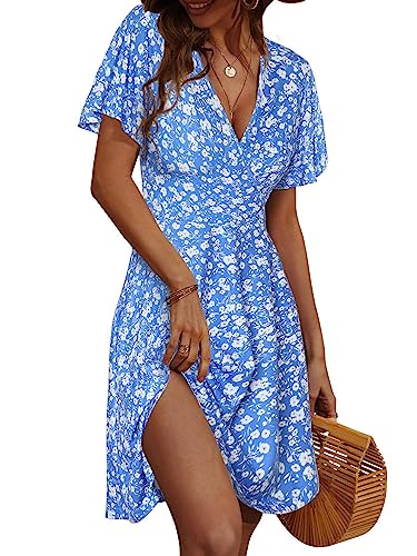 FENSACE Summer Dresses for Women 2024 Vacation Sundress Floral Fit and Flare Spring Dress(Blue,Large)