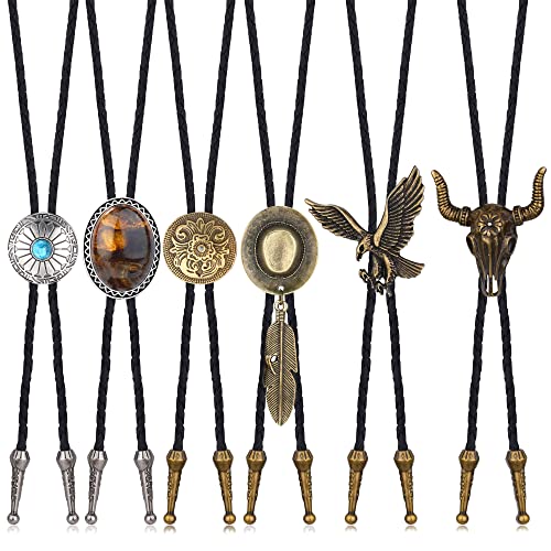sailimue 6Pcs Handmade Bolo Tie for Men Western Cowboy Leather Necktie Native American Necklaces Natural Tiger Eye Stone Turquoise Cow Skull Eagles Bolo Tie Costume Accessories for Men Women