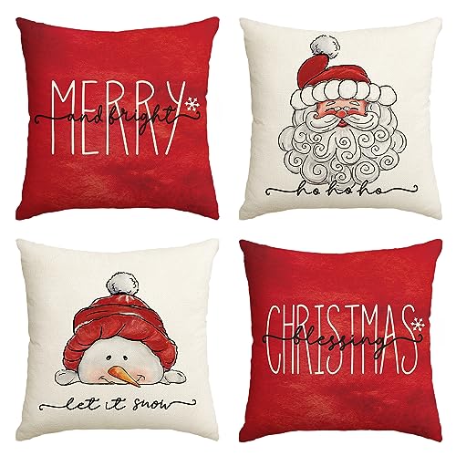 AVOIN colorlife Christmas Blessing Santa Claus Snowman Throw Pillow Covers, 18 x 18 Inch Winter Holiday Cushion Case Decoration for Sofa Couch Set of 4