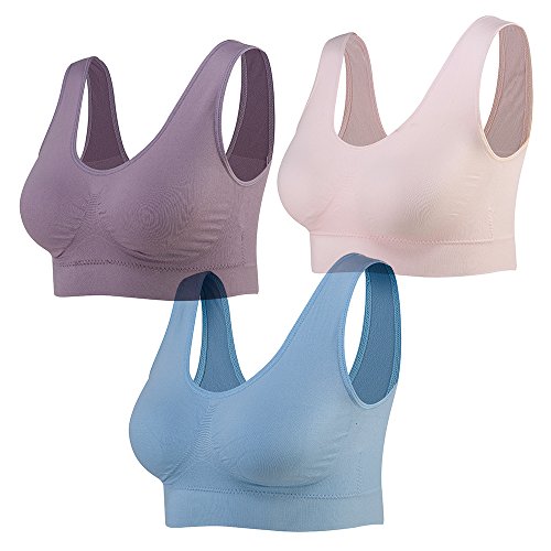 Lemef 3-Pack Seamless Sports Bra Wirefree Yoga Bra with Removable Pads for Women (XXX-Large, Pink&Blue&Purple)
