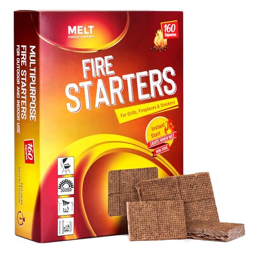 Fire Starter Squares 160 - Fire Starter Pack for Chimney, Grill Pit, Fireplace, Campfire, BBQ & Smoker - Water Resistant and Odourless - Camping Accessories
