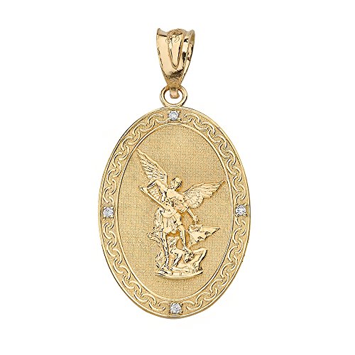 10K Yellow Gold Diamond Accented 1” Oval Saint Michael The Archangel Medal Pendant (G-H Color, SI1-SI2 Clarity)
