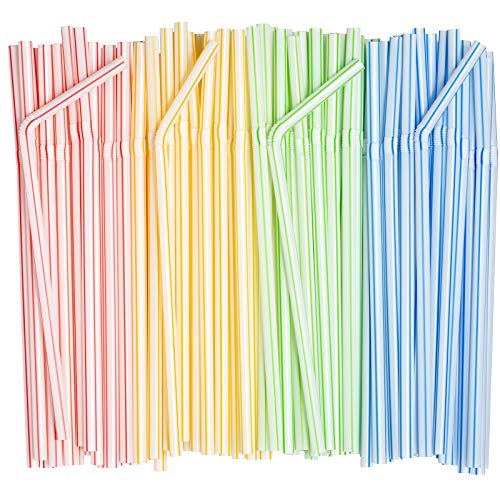 Comfy Package, Flexible Disposable Plastic Drinking Straws - 7.75' High - Assorted Colors Striped [200 Pack]