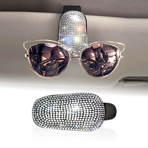 QODOLSI 1 Pack Bling Glasses Holder for Car, Multifunctional Diamond-Encrusted Leather Sun Visor Sunglasses Clip, for Car Glasses, Pen, Ticket Card Storage Clip, Bling Car Accessories (Silver)