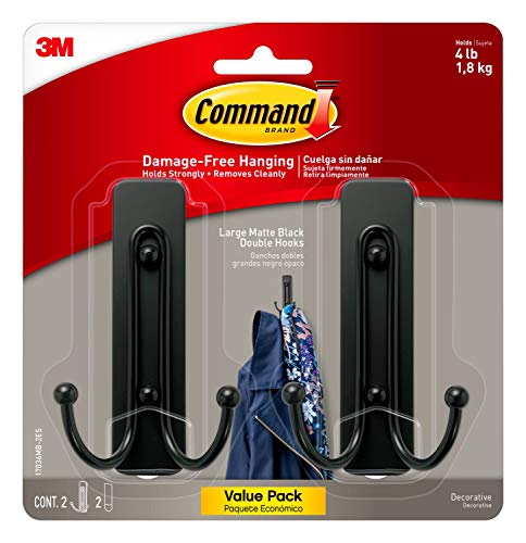 Command Large Wall Hooks with Adhesive Strips, No Tools, Damage Free Plastic Double Hooks for Hanging Decorations in Living Spaces, Black, 2 Hooks and 2 Command Strips, 2 Count (Pack of 1)