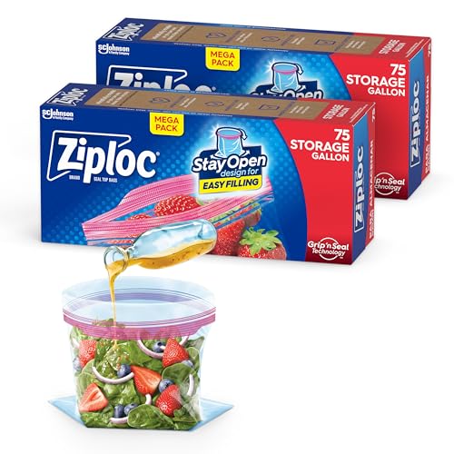 Ziploc Gallon Food Storage Bags, New Stay Open Design with Stand-Up Bottom, Easy to Fill, 75 Count (Pack of 2)