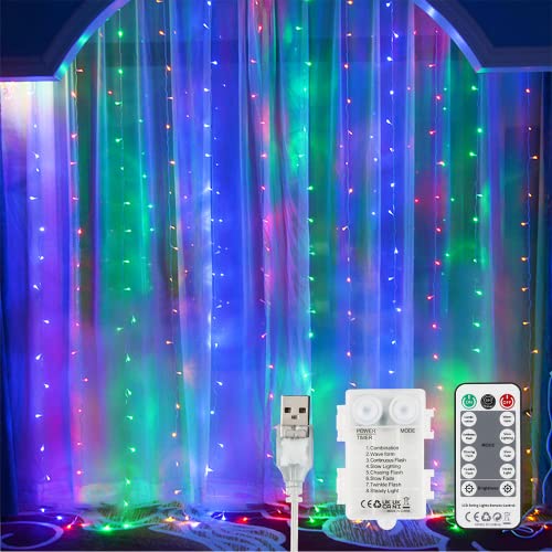 YEOLEH String Lights Curtain, 8 Modes USB or Battery Powered Color Changing Lights for Bedroom Party Wedding Christmas Decorations (Multi-Colored,7.9Ft x 5.9Ft)