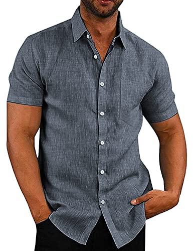 COOFANDY Men's Casual Linen Button Down Shirt Short Sleeve Beach Shirt Hawaiian Vacation Shirts