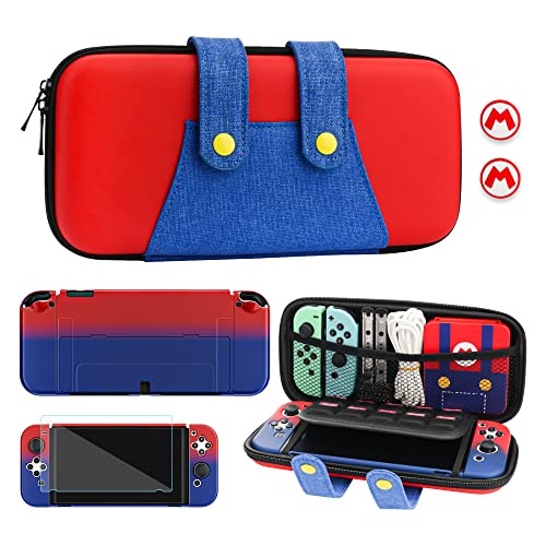 FUNDIARY Carrying Case for Nintendo Switch OLED, Shockproof Hard Shell Carry Case, Travel Case Accessories with PC Red and Blue Protective Cover Case, Screen Protector, 2 Cute Thumb Grips(for Mario)