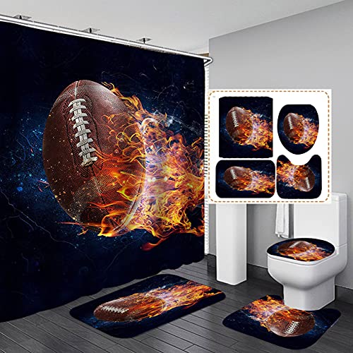 Jayden&Madge 4PCS/Set Fantasy Burning American Football Fabric Shower Curtain, Creative Rugby Sport Theme Bathroom Decor for Boys, Non-Slip Bath Rugs Soft Toilet Carpet, for Men, Flying