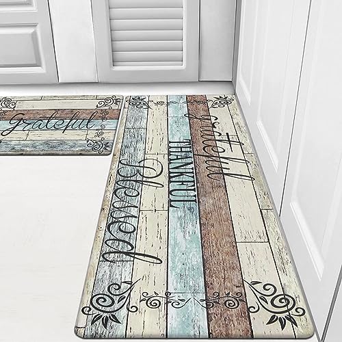 HEBE Farmhouse Anti Fatigue Kitchen Mat Set of 2 Non Skid Cushioned Kitchen Mats for Floor PVC Waterproof Comfort Standing Desk Mat Kitchen Carpet Runner Rugs for Sink Laundry