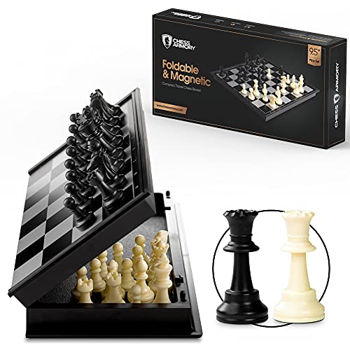 Chess Armory Magnetic 9.5 Inches Travel Chess Set - Folding Board with Storage Box & 2 Extra Queen.