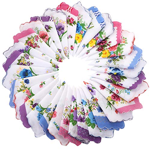 30 Pieces Women Cotton Handkerchiefs Ladies Handkerchiefs Soft Pocket Handkerchiefs Vintage Floral Print Handkerchiefs