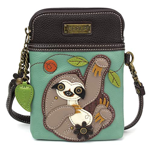 CHALA Cell Phone Crossbody Purse-Women PU Leather/Canvas Multicolor Handbag with Adjustable Strap - Sloth - teal