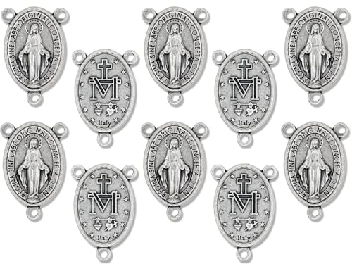 Pack of 10 - Miraculous Medal Latin Rosary Centerpiece 1' - Silver Oxidized Rosary Center Pieces for Rosary Making Supplies, Made in Italy
