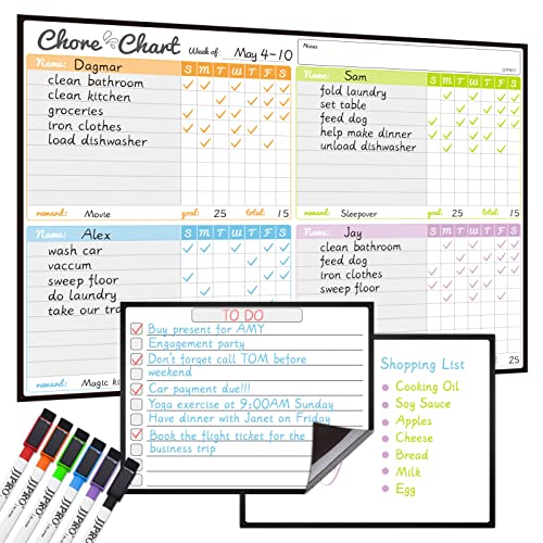 JJPRO Magnetic Dry Erase Chore Chart Set for Fridge-Used for Multiple Kids-One Chore Chart and Two Bonus Dry Erase Pad/Grocery Boards-Behavior Chart for Multiple Kids