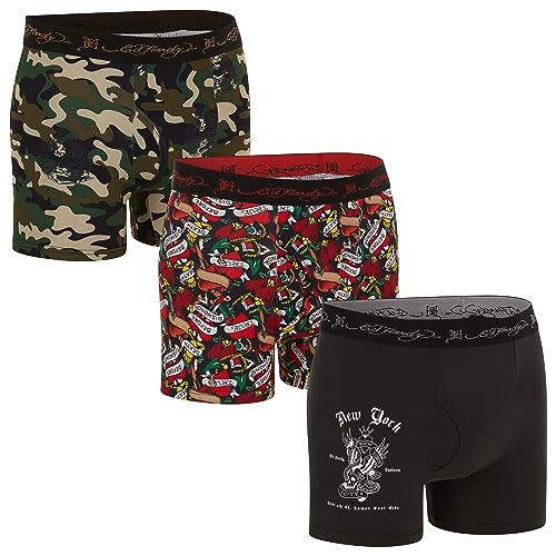 ED HARDY Mens 3-Pack Microfiber Boxer Briefs, Breathable Athletic Print Boxers, Multicolor Male Underwear, X-Large