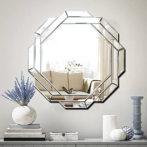 FYWDGLART Hlartdecor Helicoid Frameless Beveled Wall Decorating Mirror (31.5X31.5inches). Silver Polished HFY Hexagon Decorative Mirror.