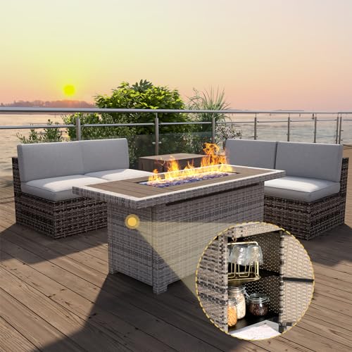 Aoxun Propane Fire Pit Table with Storage, 40 in CSA Propane Fire Table Rectangular, Auto Ignition Gas Fire Pit for Outside Patio Deck, Oxford Cover, Grey Wicker…