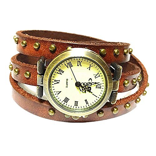 MINILUJIA Bohemian Style Analog Quartz Wrap Around Leather Watch Women Girls Watches with Vintage Bronze Rivet 26mm Dial Brown