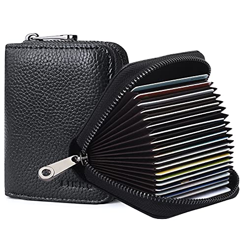Linno RFID 20 Card Slots Credit Card Holder Genuine Leather Small Card Case for Women or Men Accordion Wallet with Zipper