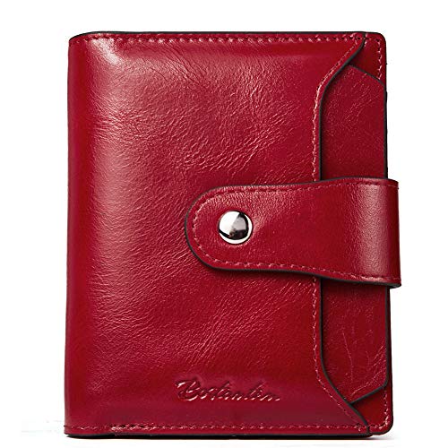 BOSTANTEN Women Leather Wallet RFID Blocking Small Bifold Zipper Pocket Wallet Card Case Purse with ID Window Red