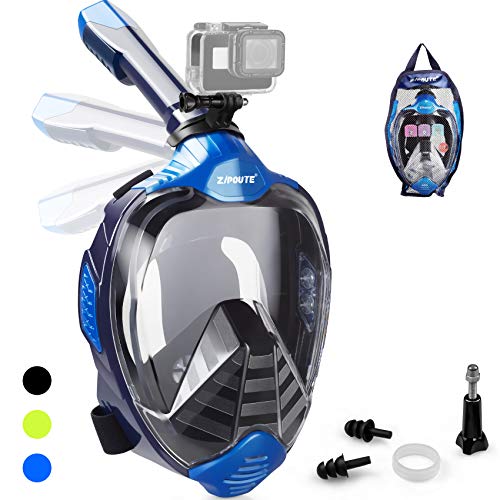 ZIPOUTE Snorkel Mask Full Face, Foldable Full Face Snorkel Mask with Detachable Camera Mount and Earplugs, 180 Panoramic View Anti-Fog Anti-Leak Snorkeling Mask for Adults (Blue, S/M)